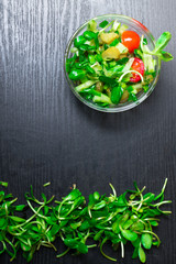 fresh raw greens on dark background with bowl with salad