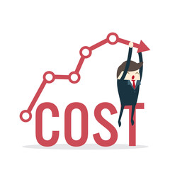 Cost reduction concept. Cost down. Businessman with his hand lowers the arrow of the graph. Vector illustration flat design. Decrease down profit. Declining chart.