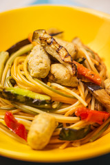 Vegetarian pasta with soy fricandel