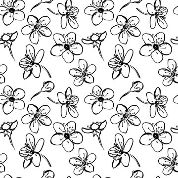 Seamless pattern with little flowers cherry blossom in black and white colors