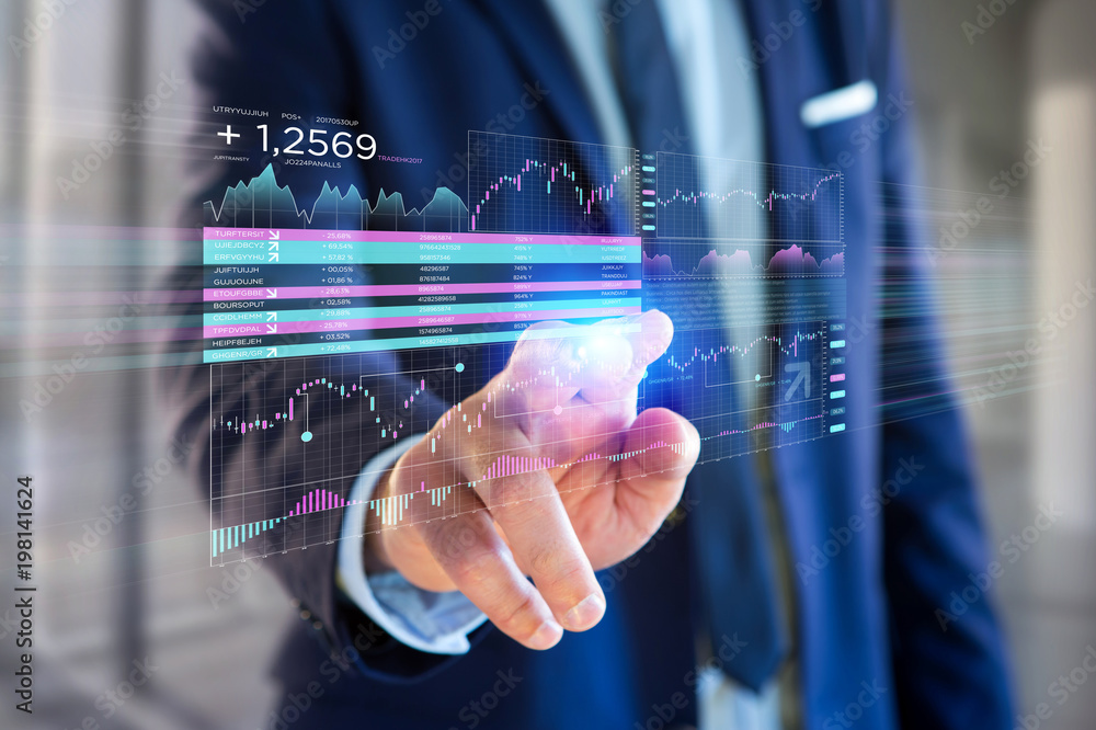 Poster stock exchange trading data information displayed on a futuristic interface