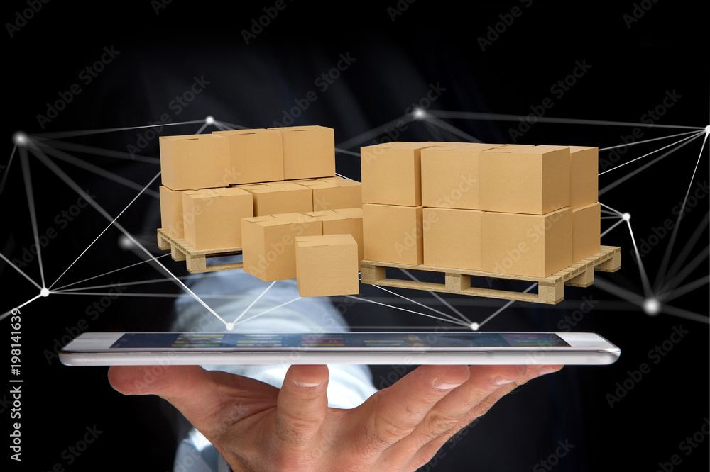 Poster Pallet of carboxes with network connection system - 3d render