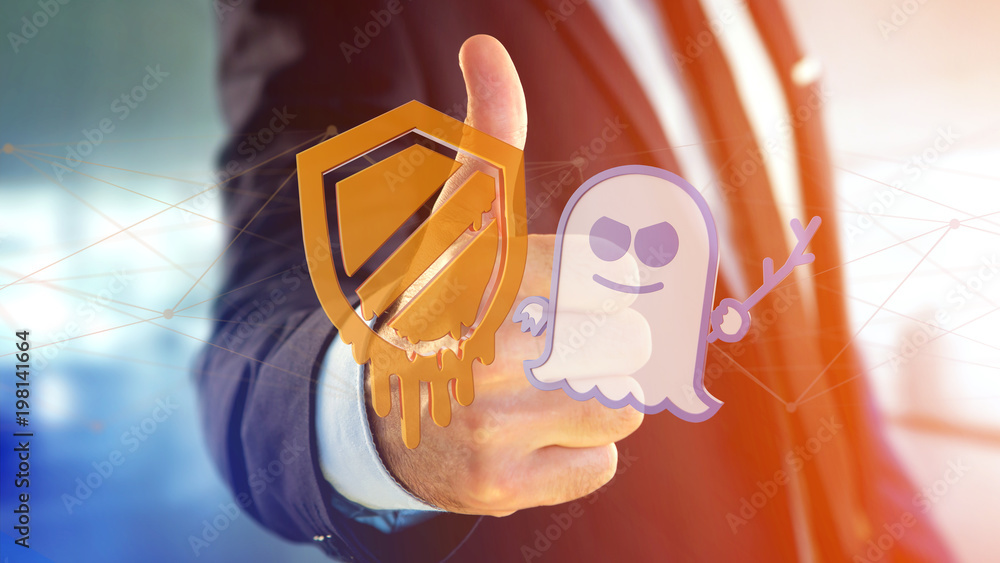 Poster businessman holding a meltdown and spectre processor attack with network connection - 3d render