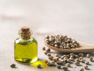 Hemp seeds and hemp oil on brown wooden table. Hemp seeds in wooden spoon and hemp essential oil in...