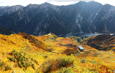 Aerial panorama of a scenic cable car flying over the beautiful autumn valley in Tateyama Kurobe Alpine Route, Toyama Japan ~ A magnificent view from Daikanbo over Kurobe dam & colorful autumn valley