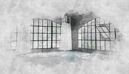 Pencil sketch and paint effect room interior