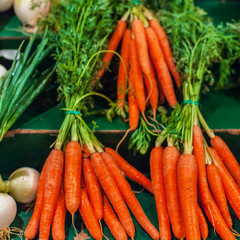 Organic carrot on market stall at organic farmers grocery store