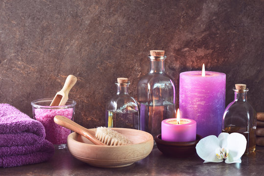 Spa natural cosmetics arrangement with aroma candles