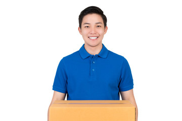 Handsome friendly Asian delivery man  in blue polo shirt carrying parcel box