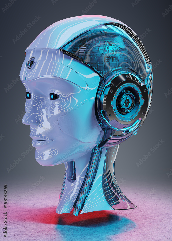 Poster cyborg head artificial intelligence 3d rendering