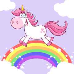 Cute Magic Unicorn Cartoon Mascot Character Running Around Rainbow With Clouds. Illustration With  Background