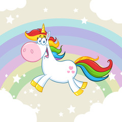 Cute Magic Unicorn Cartoon Mascot Character Running Around Rainbow With Clouds