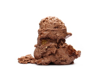 Chocolate ice cream balls, scoops isolated on white background