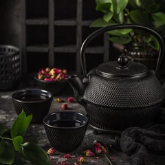 Foto op Aluminium tea set. Cast iron eastern tea pot, cups and dry rose © anna_shepulova