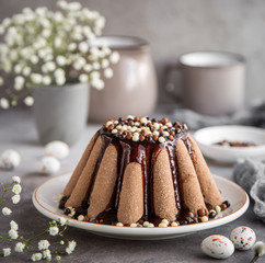 Paskha. Traditional Russian Easter cottage cheese dessert with chocolate, candied fruits and nuts - obrazy, fototapety, plakaty