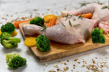 raw chicken legs from vegetables to a wooden table, preparing chicken legs for vegetables, Recipe - ingredients