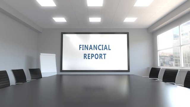 FINANCIAL REPORT caption on the screen in a meeting room