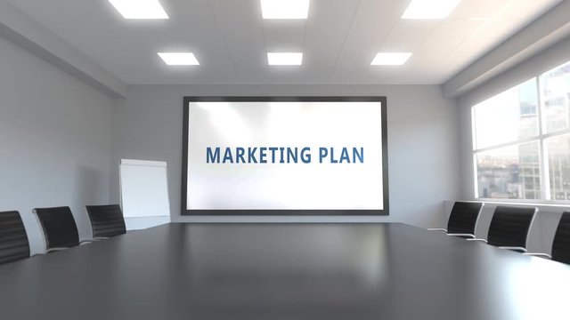 MARKETING PLAN caption on the screen in a meeting room