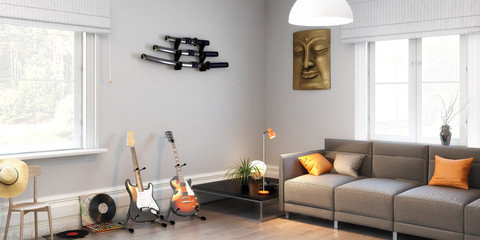 E-Gitarren im Wohnzimmer (panoramisch)