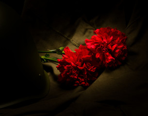 2 carnations and a helmet, on a background of military cloth