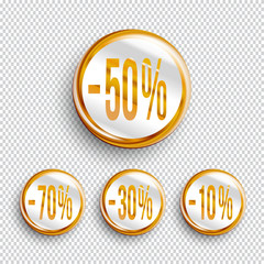 Discount banners on transparent background.. -70% -50% -30% -10% off icons.