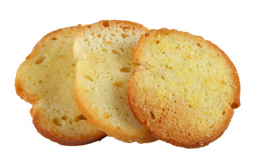 three crispy crackers isolated on white background, closeup, top view.