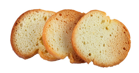 three crispy crackers isolated on white background, closeup, top view.