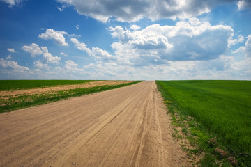 Beautiful landscape with road, green fields and blue cloudy sky