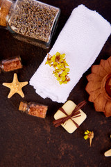 Spa concept. Aromatic candles, soap beauty and Spa cosmetic