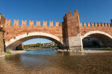 Fototapeta na wymiar Scaligero Bridge and Adige river in Verona, Veneto, Italy