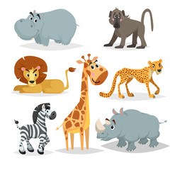 African animals cartoon set. Hippo, baboon monkey, lion, giraffe, cheetah, zebra and rhino. Zoo mammal collection. Vector illustrations isolated on white background.