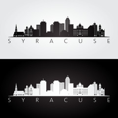 Syracuse USA skyline and landmarks silhouette, black and white design, vector illustration.