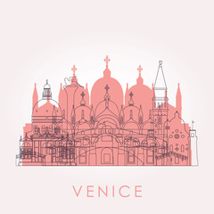 Outline Venice skyline with landmarks. Vector illustration. Business travel and tourism concept with historic buildings. Image for presentation, banner, placard and web site.