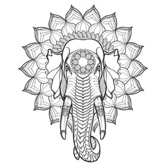 Fototapeta premium Głowa słonia na mandali lotosu. Popularny motyw w azjatyckiej sztuce i rzemiośle. Skomplikowany rysunek odręczny na białym tle. Projekt tatuażu. Ilustracja wektorowa Eps10