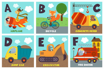 alphabet card with transport and animals A to F - vector illustration, eps