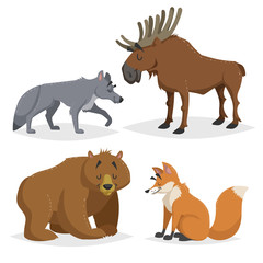 Forest North America and Europe animals set. Wolf, moose, bear and red fox. Happy smiling and cheerful characters. Vector zoo illustrations isolated on white background.