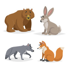 Forest North America and Europe animals set. Wolf, hare, bear and red fox. Happy smiling and cheerful characters. Vector zoo illustrations isolated on white background.