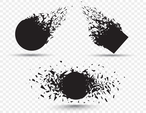 Black square stone with debris isolated. Abstract black explosion. Geometric illustration. Vector square and circle destruction shapes with debris isolated on checkered background.