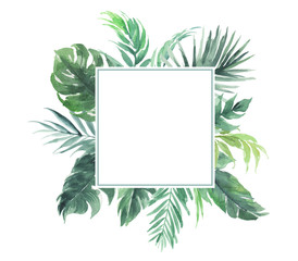 Monstera Deliciosa, summer green leaves border with square blank area wedding template card © Andy