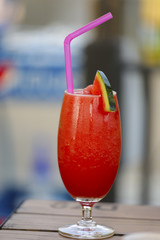 watermelon juice in glass on table