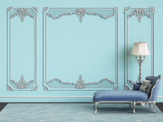 Classic furniture in blue and silver colors in classic interior with copy space