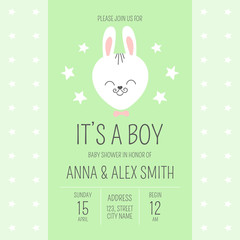 Fototapeta na wymiar Cute baby shower boy invite card vector template. Cartoon animal illustration. Funny design with little bunny in bowtie and stars background. Green kids newborn banner or birthday party invitation.