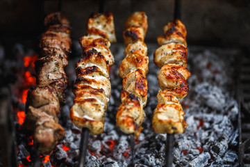hot yummy barbecue, shashlik, kebab, skewer on the grill