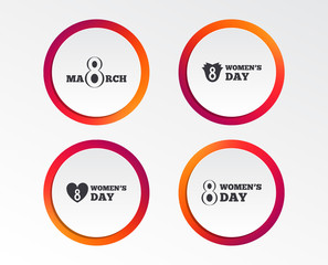 8 March Women's Day icons. Tulips or rose flowers bouquet and heart sign symbols. Infographic design buttons. Circle templates. Vector