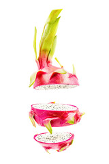slices red and white dragon fruit or pitaya isolated on white background