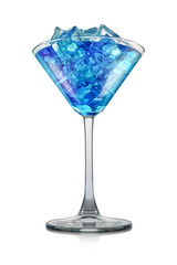Blue curacao cocktail or mocktail in martini glass with ice cubes isolated on white background. Clipping path