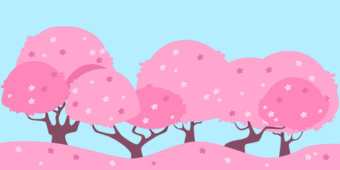 Blossom sakura tree. Landscape Pink cherry. Flat design. Vector illustration