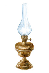 Watercolor hand-drawn illustration of kerosene lamp on white background (isolated) © Karina