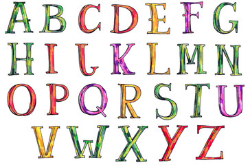 Hand-drawn colorful alphabet (ABC) on the white background