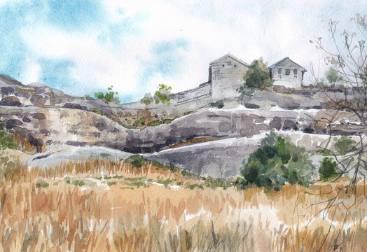 Watercolor hand-drawn landscape with stone houses